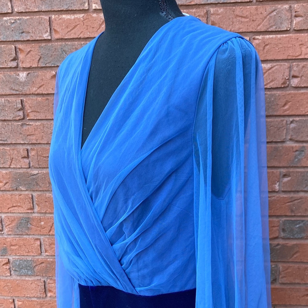 NWT Fehaute Royal Blue Mesh V Neck Long Sleeve Velvet Jumpsuit 10 - Picture 7 of 14